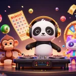 Engage with garuda303's exciting gaming world as DJ panda spins on roulette wheels in a vibrant casino.