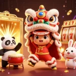 Experience sin88's vibrant casino scene with a lion dance, drumming panda, and jackpot elements.