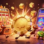 Watch lucky88's animated teamwork as ants carry a massive poker chip in this vibrant casino scene.