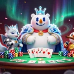 Experience high-stakes poker action with lucky88z featuring a royal bear and fox in a vibrant casino.