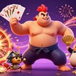 Play thrilling casino games with red88's dynamic illustration featuring unique characters and vibrant casino elements.