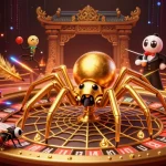 Engage with c168's vibrant casino scene featuring a golden spider spinning a roulette wheel web.