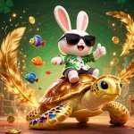 Engage with game Hitclub as a lucky rabbit rides a golden sea turtle in this vibrant casino illustration.