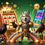 Experience the vibrant world of fabet with a dynamic casino-themed digital illustration, showcasing slot machines, coins, and mythical characters.
