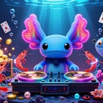 88M's vibrant underwater casino scene captures a dynamic axolotl DJ and dancing shrimps celebrating with winnings.