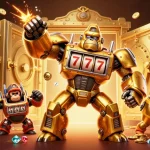 Engage with giải mã giấc mơ fly88 as the golden gorilla mech interacts with a vibrant scene of riches and gambling excitement.
