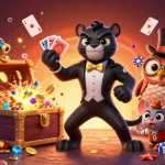 Experience thrilling card games with fabet's 3D illustration showcasing a tuxedoed panther dealer and vibrant casino elements.