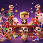 Join the fun at garuda303 with meerkats enjoying slot games and cascading coins!