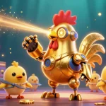 Engage the excitement at 1da88 with a vibrant 3D gaming scene featuring a retro-futuristic rooster robot.
