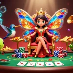 Experience the excitement of red88 with a vibrant, richly detailed 3D illustration of a butterfly queen and casino elements.