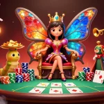 Cakhia’s vibrant gambling scene showcases a whimsical butterfly queen, poker elements, and dynamic action.