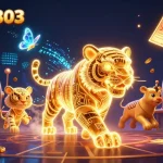 Engage with garuda303 in a vibrant casino scene featuring a golden tiger amidst slot reels and betting slips.