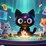 Experience the excitement of vin88's cosmic casino with a black hole cat and nebula fox amidst floating crypto elements.