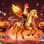 Engage with the da88bet golden rooster and friends in an exciting casino adventure, surrounded by treasures.