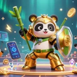 Engage in casino action with bdjl, featuring a mech-suit panda battling amidst vibrant crypto symbols.