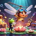 Engage in thrilling gaming at 8xbet with a cartoon dragonfly pilot and frog croupier.