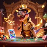 Experience net88 with thrilling blackjack action featuring a velociraptor, stegosaurus, and compy in a lively casino scene.