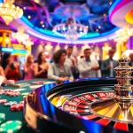 Joueurs excitants au site casino en ligne avec une roulette animée et des jetons colorés.