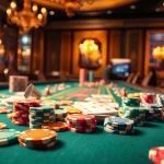 Slot deposit 5000 dengan suasana meja judi yang mewah dan chip berwarna-warni.
