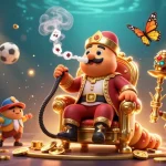 Join the excitement of sky88 with this vibrant 3D illustration featuring a caterpillar master and dynamic sports elements.