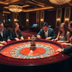 Vibrant casino scene highlighting site casino en ligne with roulette table and engaged guests.