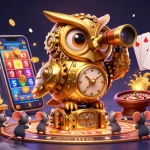 Experience excitement with net88's animated casino scene featuring a clockwork owl and vibrant game elements.