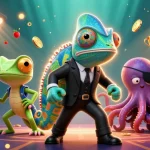 Go8 gaming illustration showcasing dynamic slots, a chameleon, and vibrant casino elements in action.