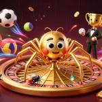 Engage with fabet as a fly nervously bets at a roulette wheel spun by a golden spider in 3D art.