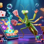Xoilac-8 showcases an engaging scene with a praying mantis and ladybug in a lively casino, revealing vibrant games.