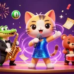 Dabet lottery scene featuring cartoon characters celebrating with dynamic colorful elements in a vibrant casino.