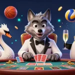 Experience five88’s vibrant casino scene with a wolf, swan, and penguin amidst dynamic sports elements.