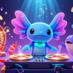 Join the axolotl DJ and friends in a vibrant casino scene filled with com and winning symbols.