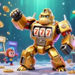 Engage with debet's thrilling online gaming experience featuring a golden gorilla mech and arcade game elements.