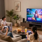 Família assistindo IPTV em casa, momentos de diversão e entretenimento.