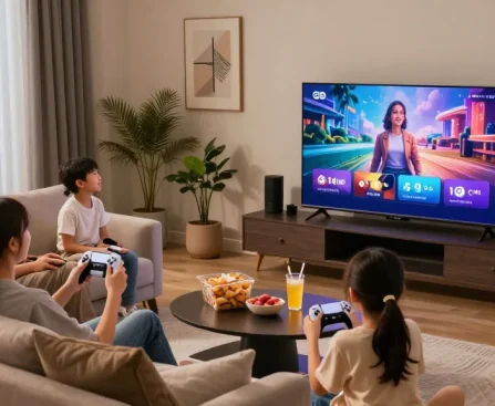 Família assistindo IPTV em casa, momentos de diversão e entretenimento.