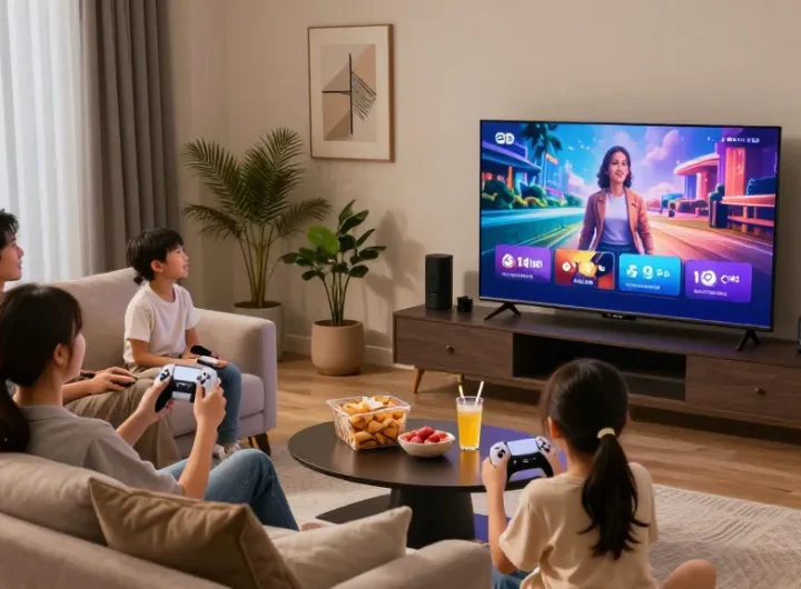 Família assistindo IPTV em casa, momentos de diversão e entretenimento.