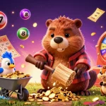 Experience exciting moments at VIPWIN while a cartoon beaver collects golden coins in this dynamic casino scene.