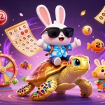 Engaging scene showcasing high roller casinos with a lucky rabbit and sea turtle amidst lottery excitement.