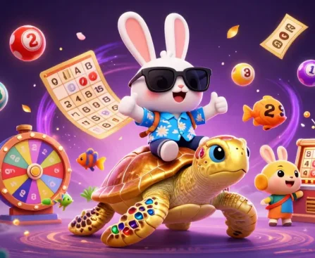 Engaging scene showcasing high roller casinos with a lucky rabbit and sea turtle amidst lottery excitement.