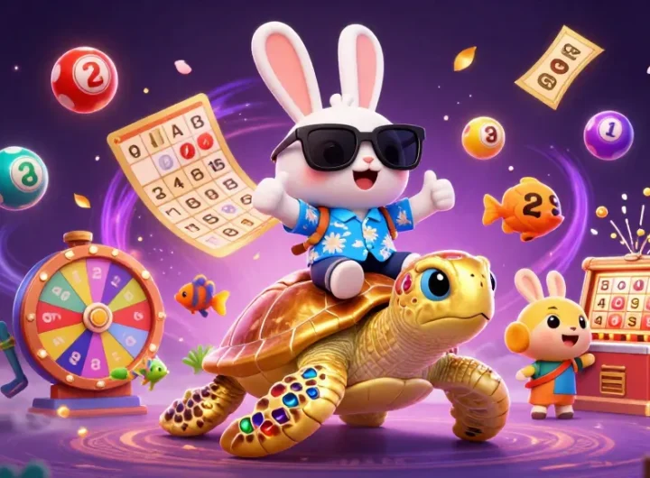 Engaging scene showcasing high roller casinos with a lucky rabbit and sea turtle amidst lottery excitement.