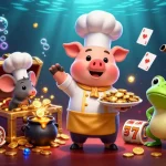 Engage with the vibrant RED88 casino scene featuring a chef pig serving gold coins and lively characters.